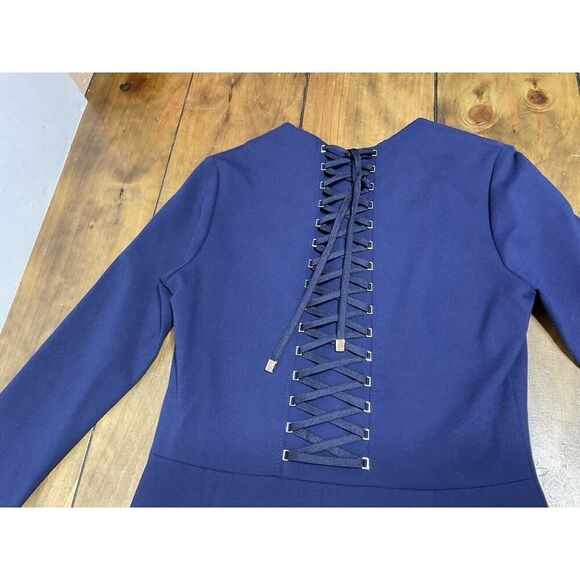 ESCADA Size 36 Deep Sea Navy Three Quarter Sleeve Sheath Lace Up Dress - Picture 11 of 14